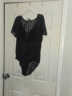 Black Lace Sheer V-Neck Bodysuit